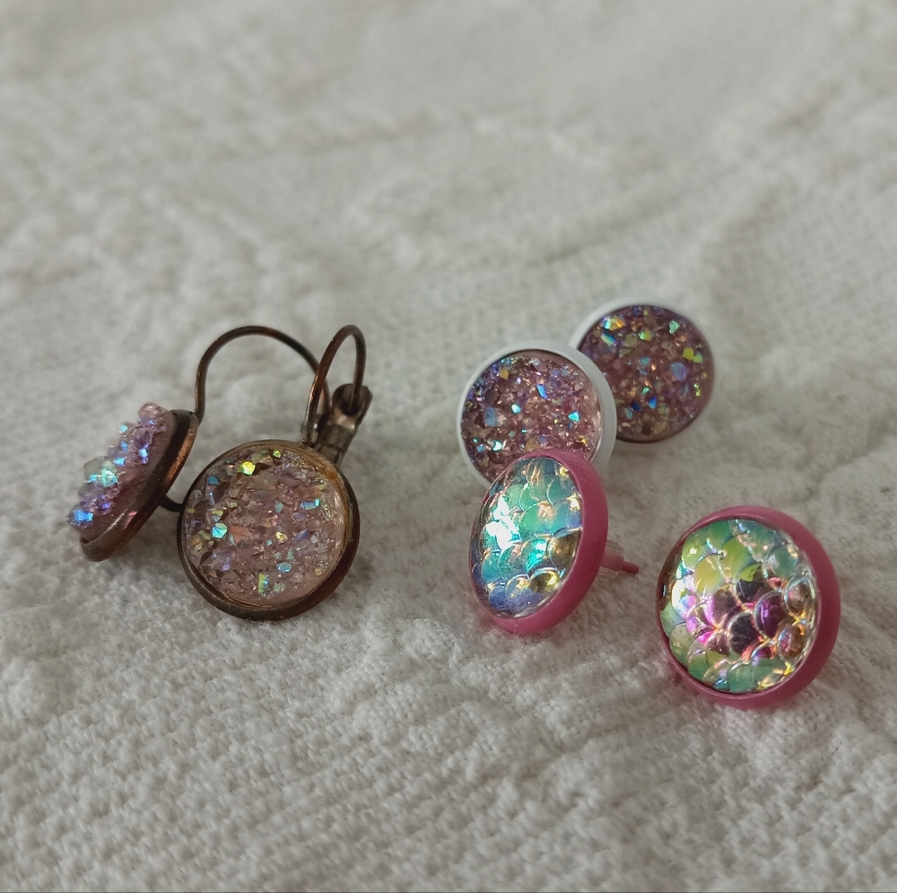 Pink Druzy Stud Earring Set Mermaid Iridescent Metallic Purple Glitter Dopamine - Picture 8 of 10